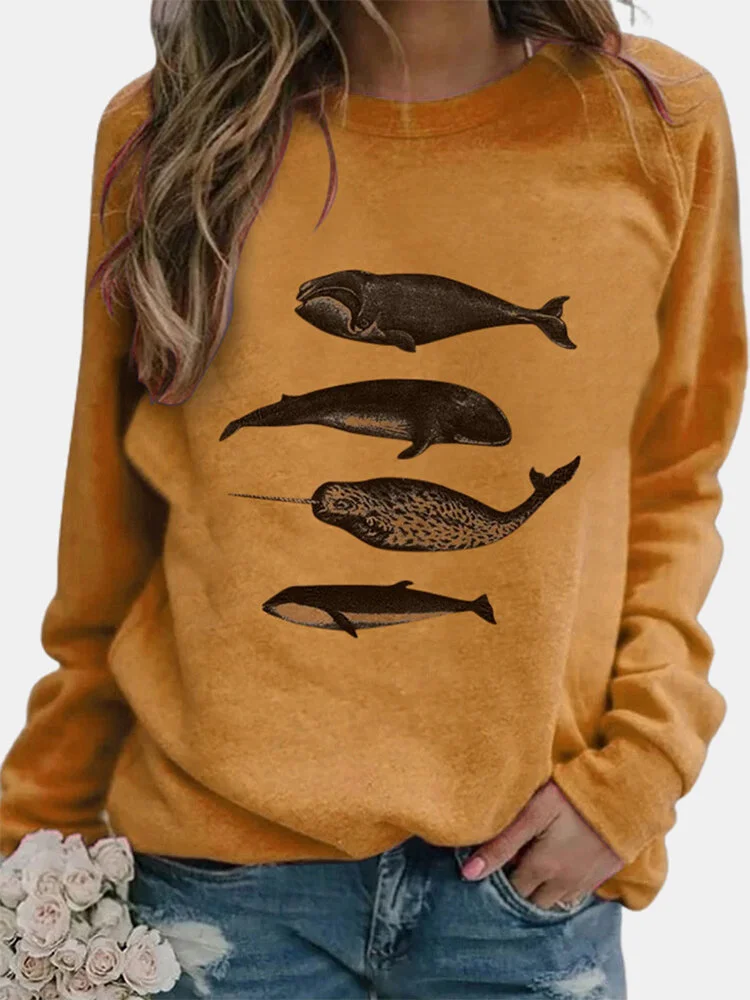 Whale Fish Printed Long Sleeve O-neck Pullover Sweatshirt