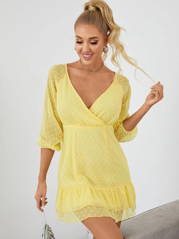 Solid Ruffle Hem V-neck 3/4 Sleeve Zip Casual Dress