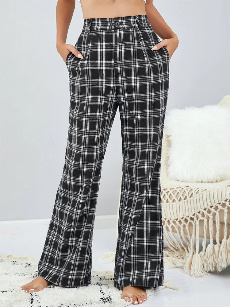 Plaid Print Tartan High Waist Flared Pants with Pocket