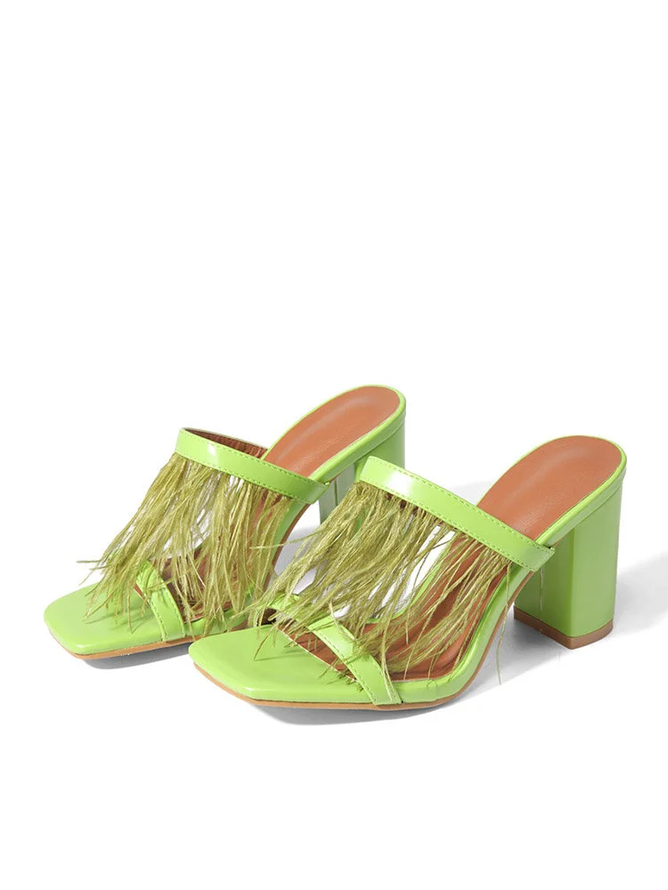 Women Fluorescent Green Square-toe Shoes Casual Holiday Tassel Chunky Heels