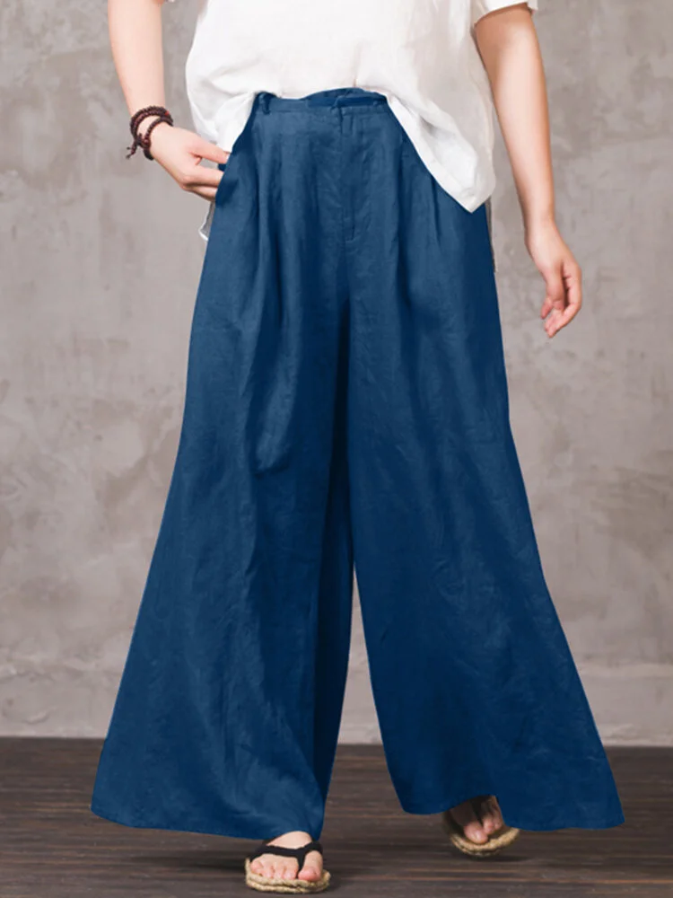 Solid Color Wide-leg Loose Pocket Elastic Waist Pants