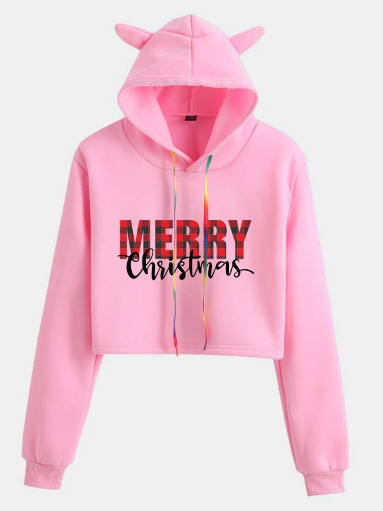 Christmas Letters Print Long Sleeve Casual Hoodie For Women