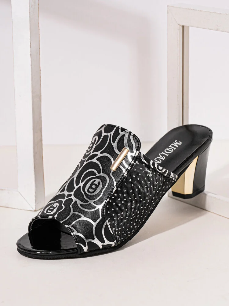 Large Size Women Graceful Flowers Print Peep Toe Slingback Chunky Heeled Muller Heels