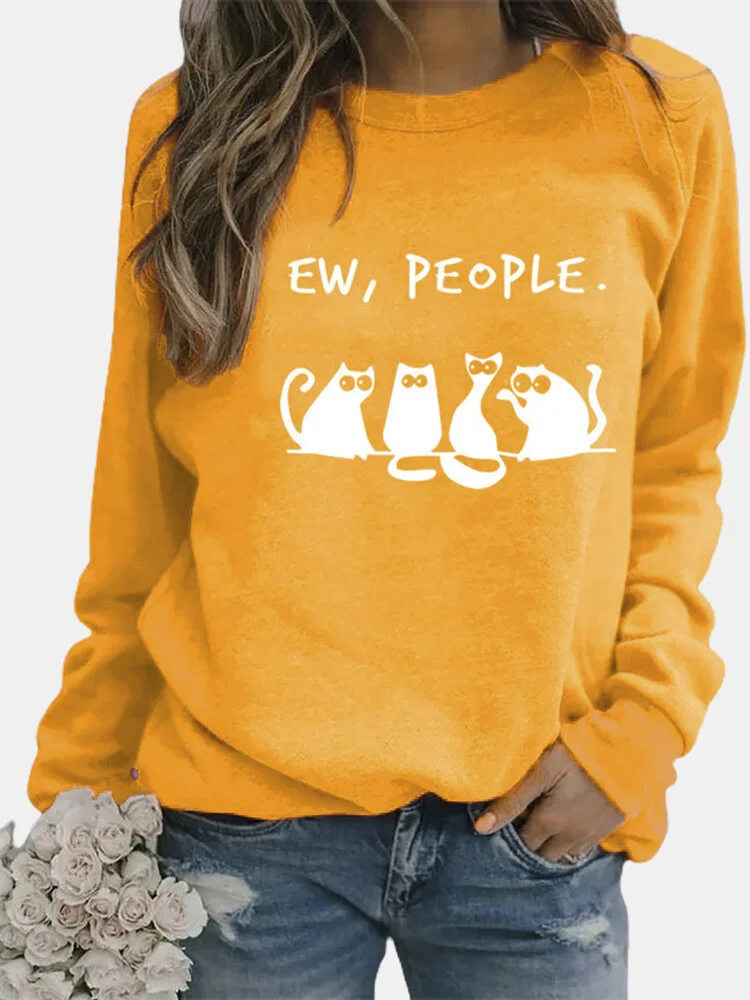 Black Cat Print Long Sleeves O-neck Casual Sweatshirt For Women