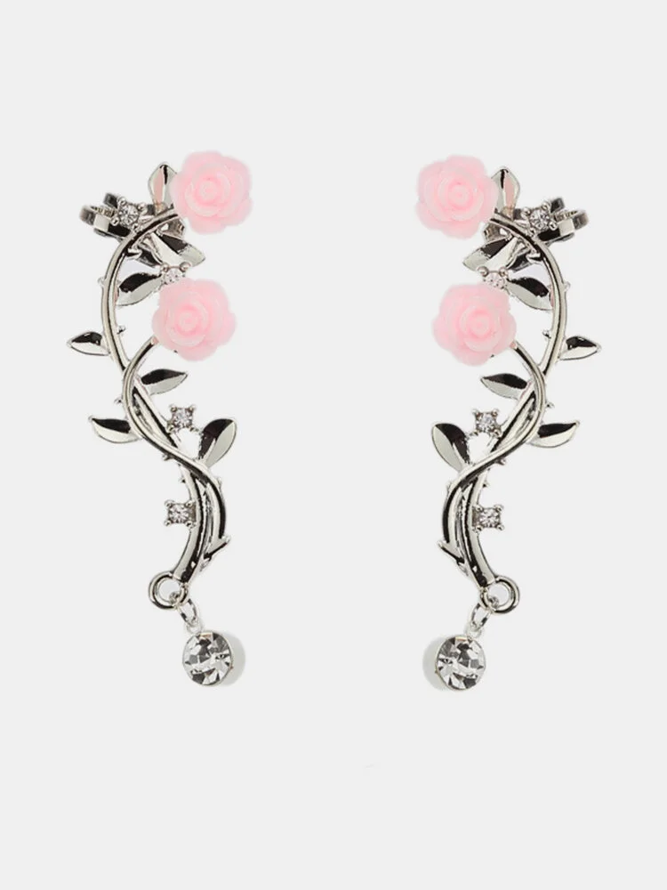 Elegant Pink Flower Womens Cuff Earrings Fashion Silver Gold Color Piercing Clip Earrings