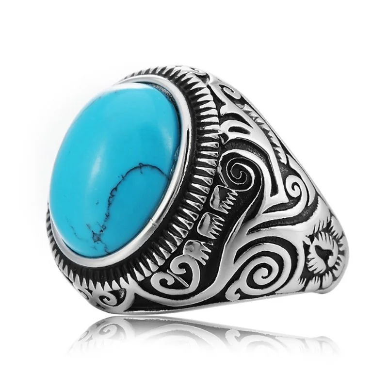 Vintage Pattern Blue Black Turquoise Finger Rings Gem Titanium Steel Men’s Ring