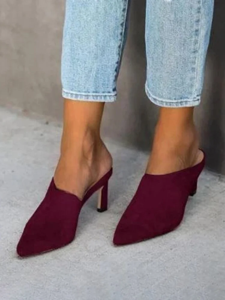 Large Size Solid Color Suede Pointed Closed Toe Mules Heels For Women