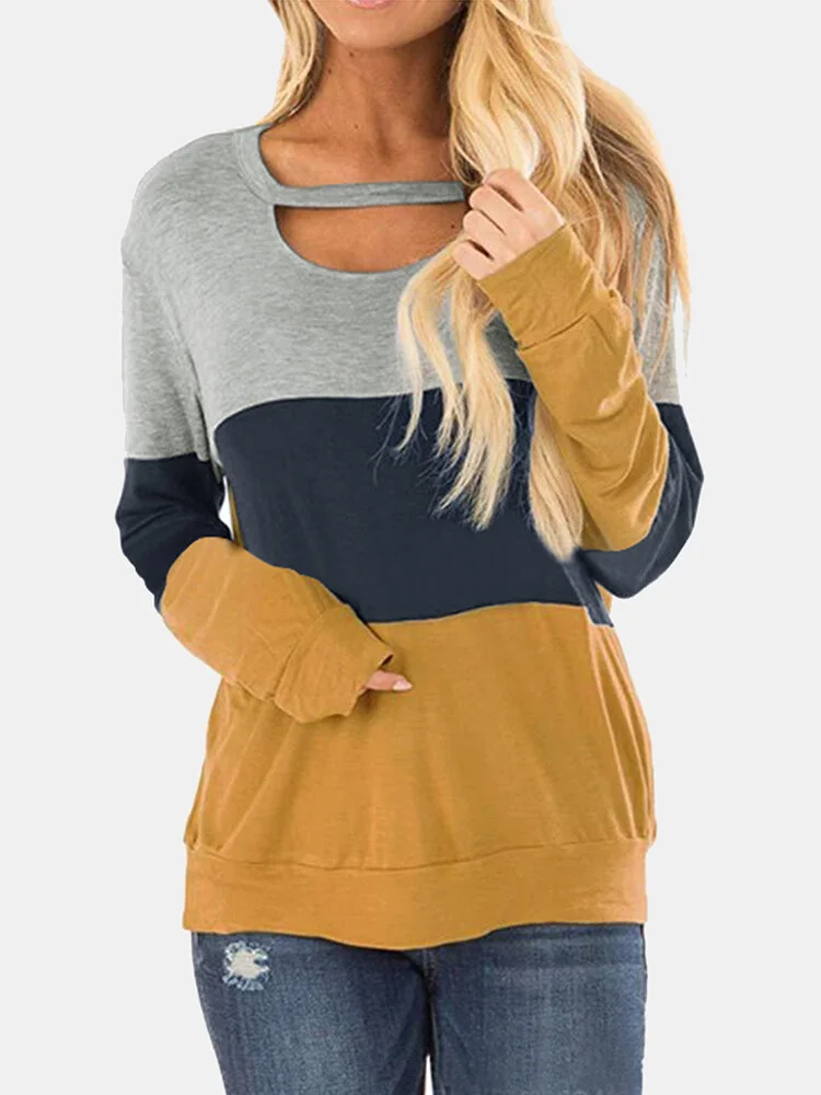 Contrast Color Long Sleeve Hallow Out Patchwork Sweatshirt For Women