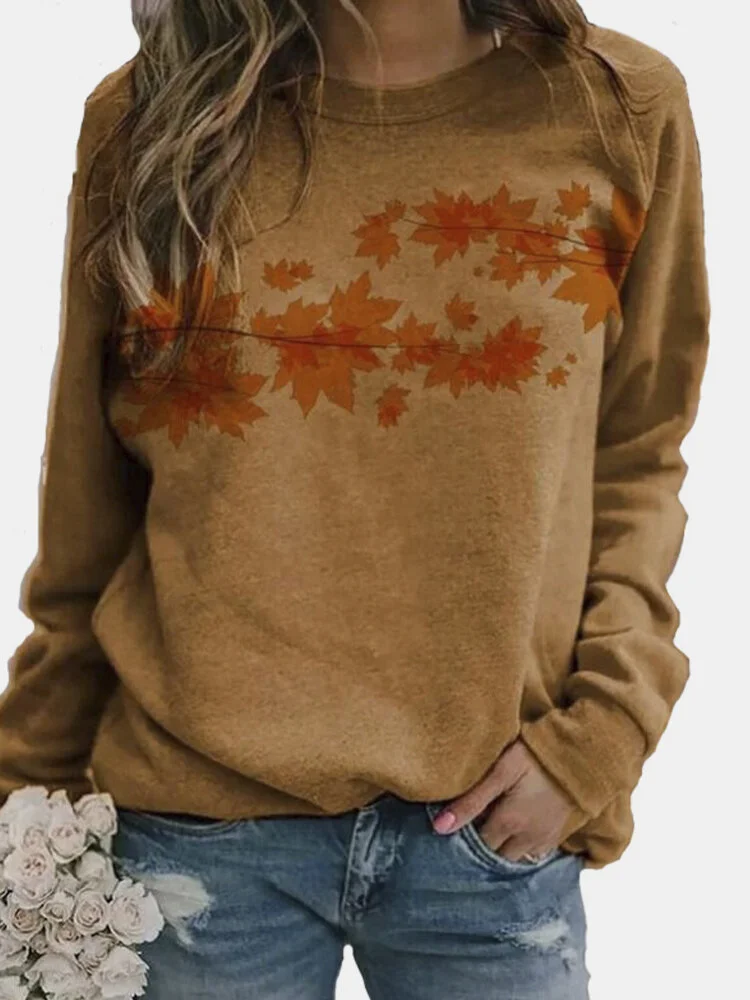 Leaf Printed Long Sleeve O-neck Sweatshirt For Women