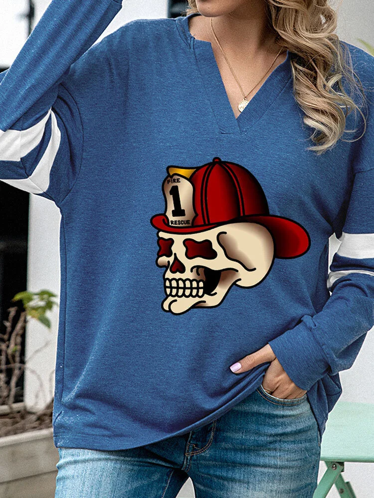 Halloween Cartoon Skull Print Long Sleeve V-neck Sweatshirt