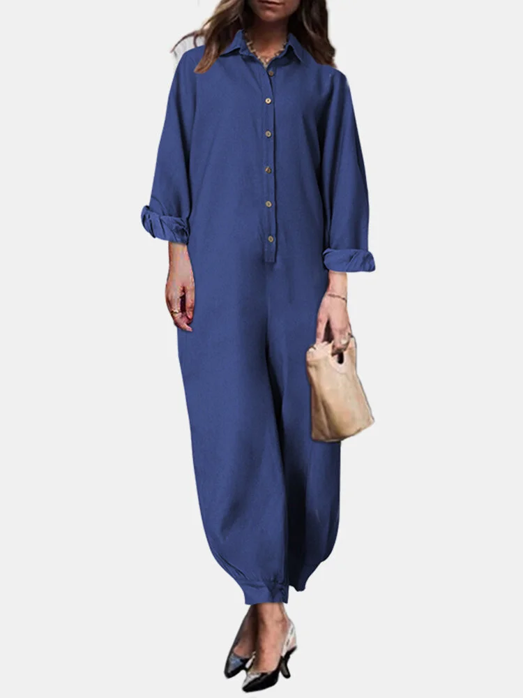 Solid Color Button Long Sleeve Casual Jumpsuit for Women