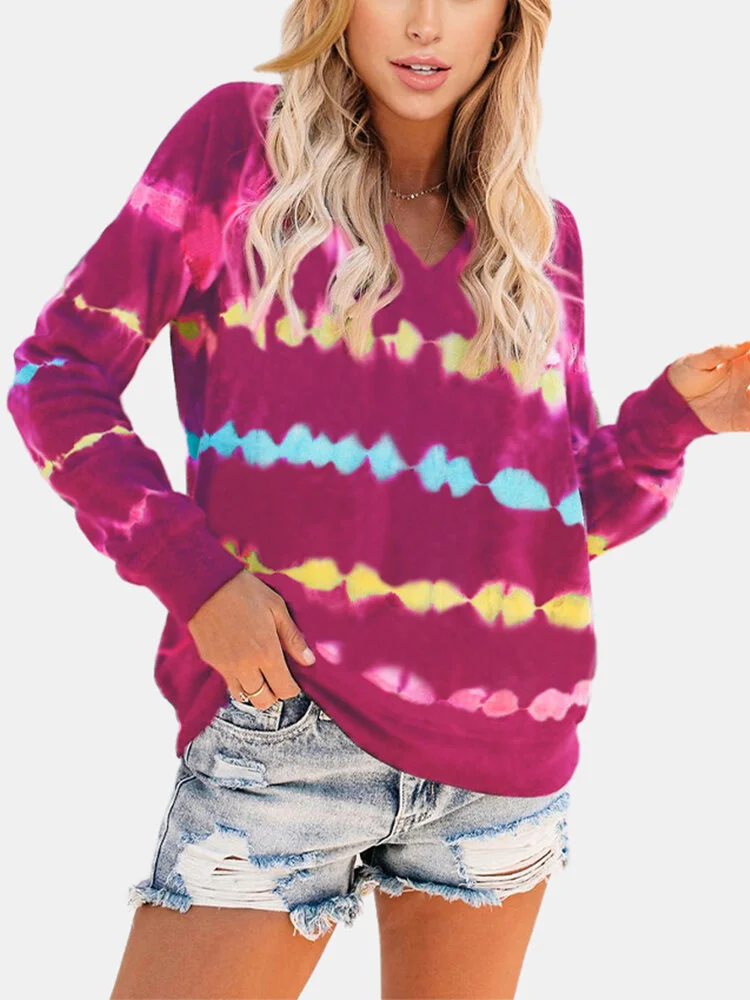 Tie-dyed Print V-neck Long Sleeves Casual Hoodies