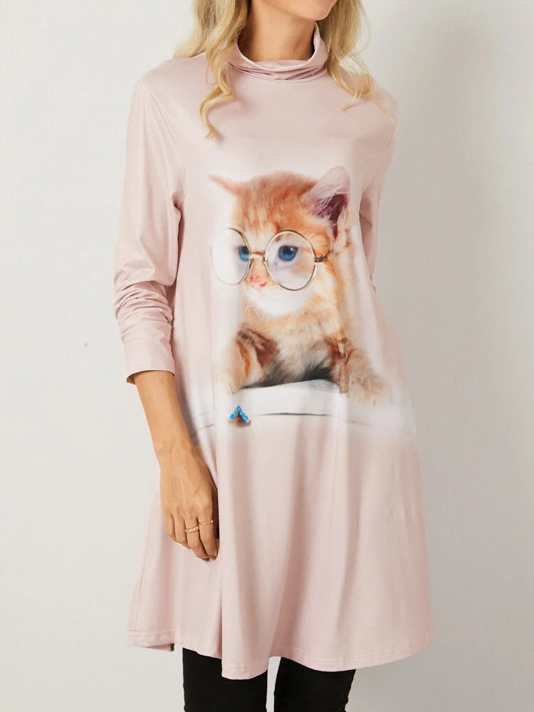 Cat Cartoon Print Long Sleeve Turtleneck Casual Dress