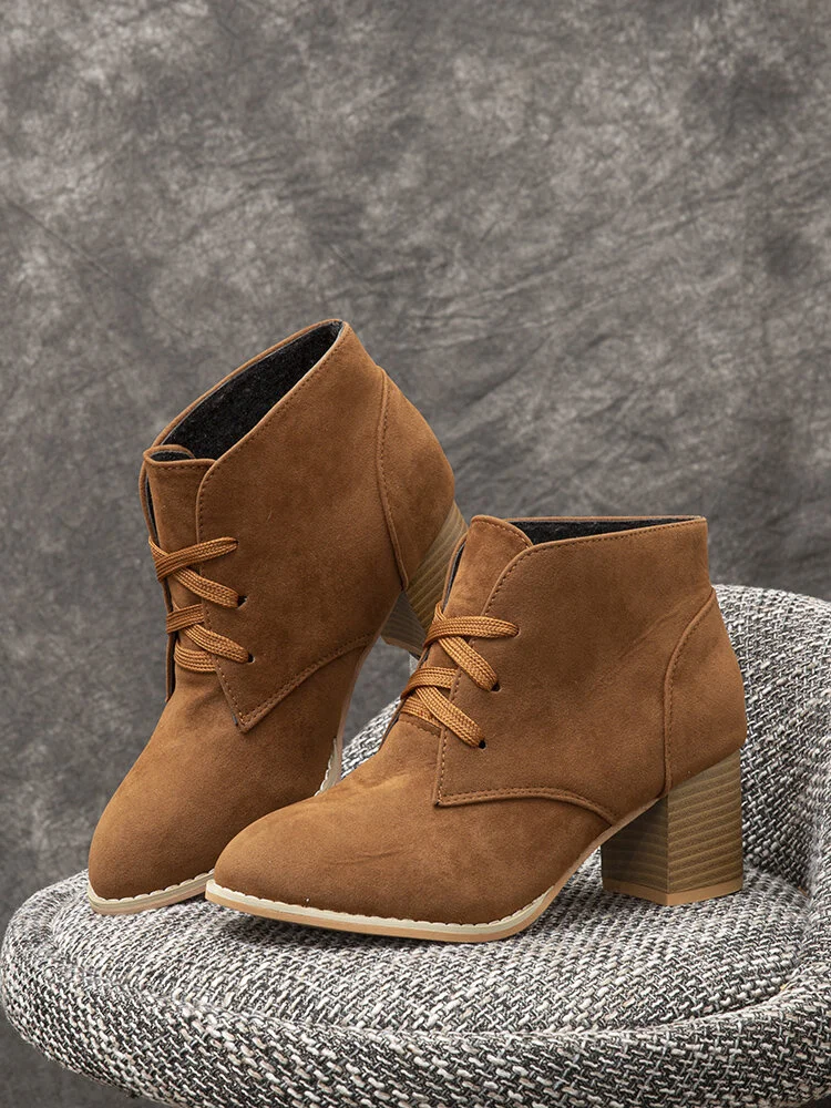 Plus Size Women Casual Suede Lace-up Comfy Chunky Heel Boots