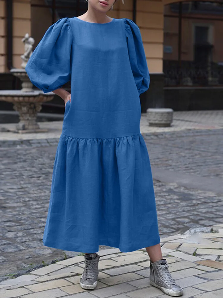 Solid Pocket Puff Sleeves Crew Neck Casual Dress