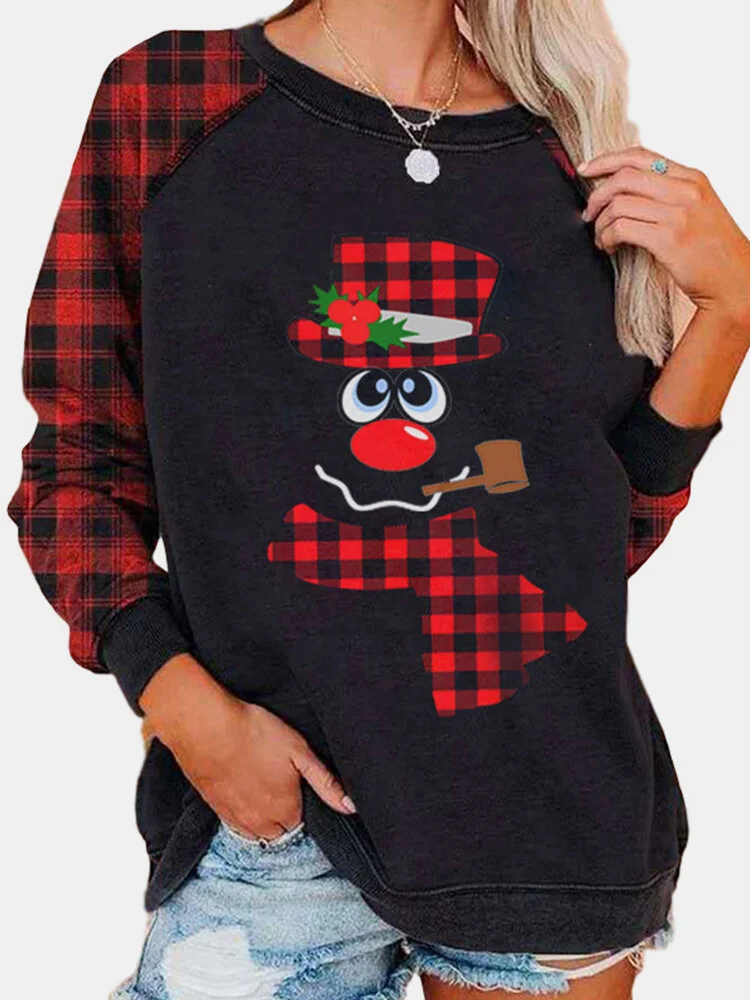 Christmas Printed Long Sleeve O-neck Patchwork Sweatshirt For Women