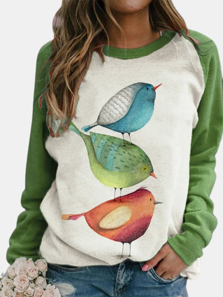 Cartoon Bird Print O-neck Long Sleeve Casual Sweatshirt