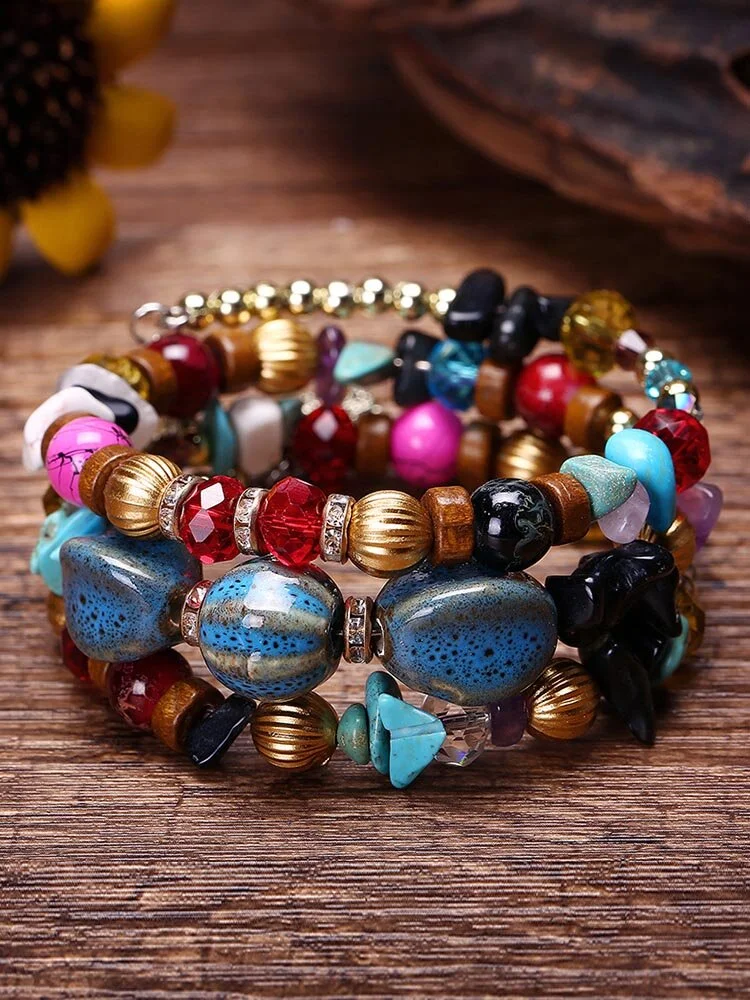 Bohemian Crushed Stone Bracelet Multi Layer Beaded Bracelet Mix Color Crystal Women Bracelet