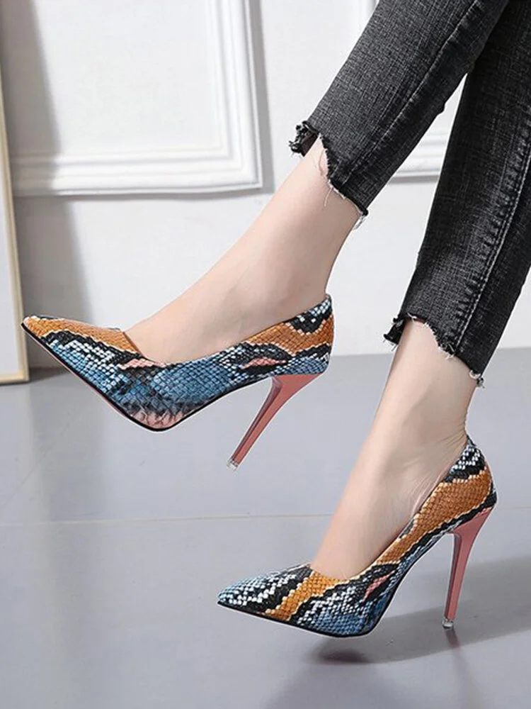 Women Colorful Snake Pattern Pointed Toe Slim High Heels Halloween Party Pumps