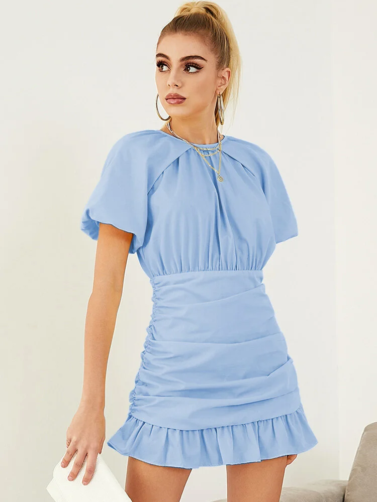 Solid Puff Sleeve Folds Ruffle Short Sleeve Casual Dress