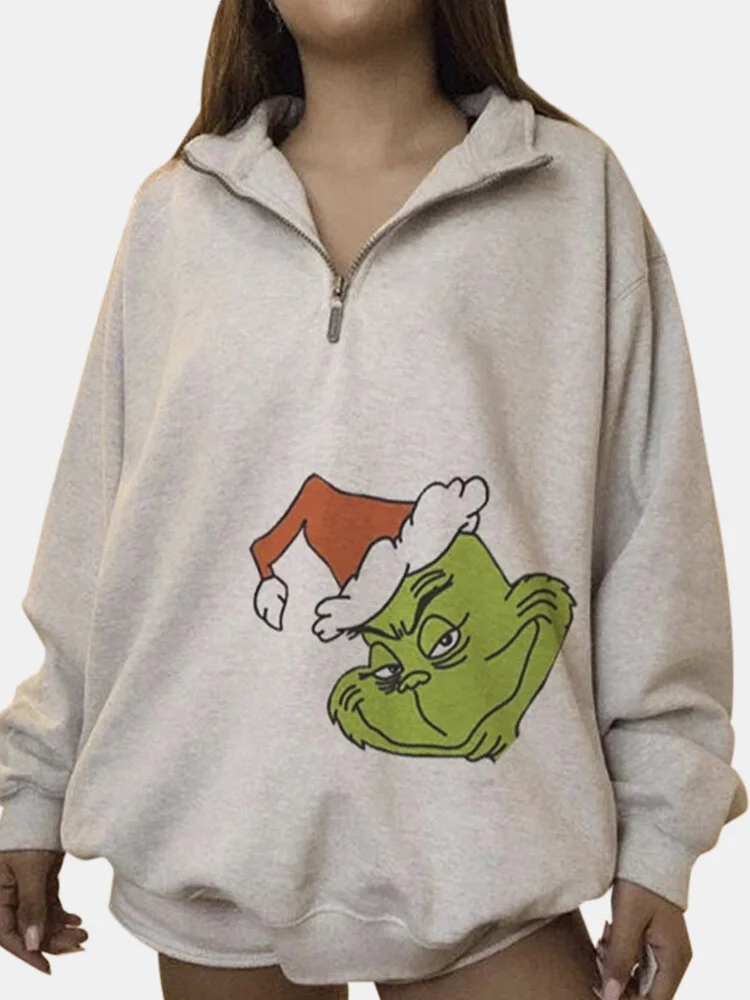 Cartoon Printed Long Sleeve Lapel Collar Sweatshirt For Women