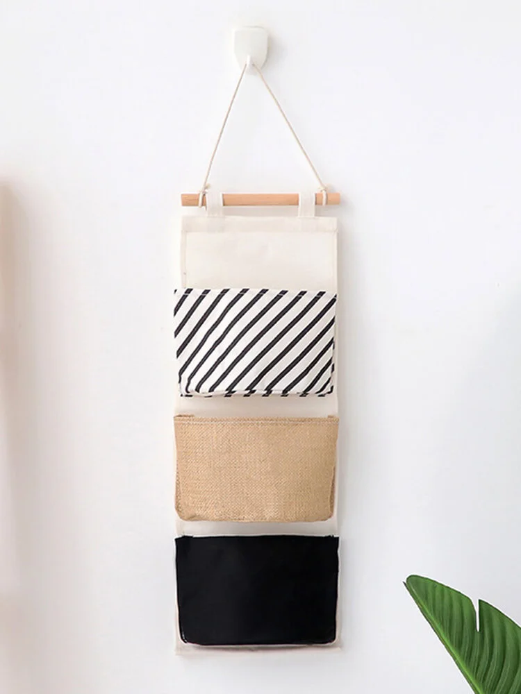 Linen Cotton Wall Wardrobe Hanging Storage Bag Black And White 3 Pocket Door Storage Bag