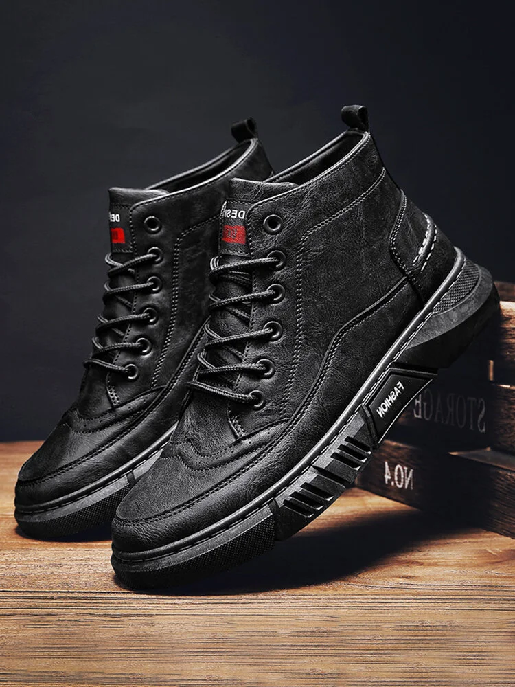 Men Brogue Black Lace Up High Top Ankle Casual Boots