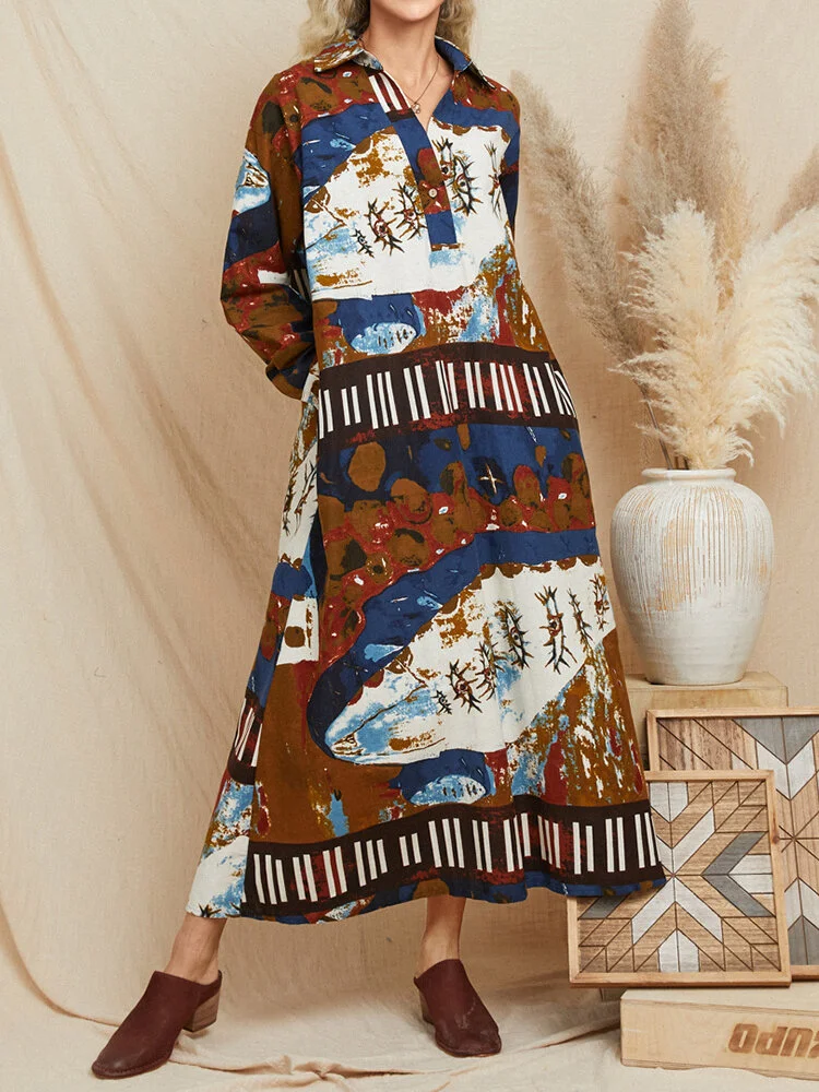 Ethnic Pattern Vintage Button Pocket Lapel Collar Print Dress