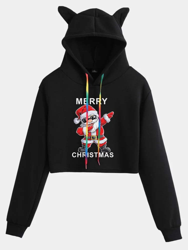 Christmas Santa Claus Letters Print Casual Hoodie For Women