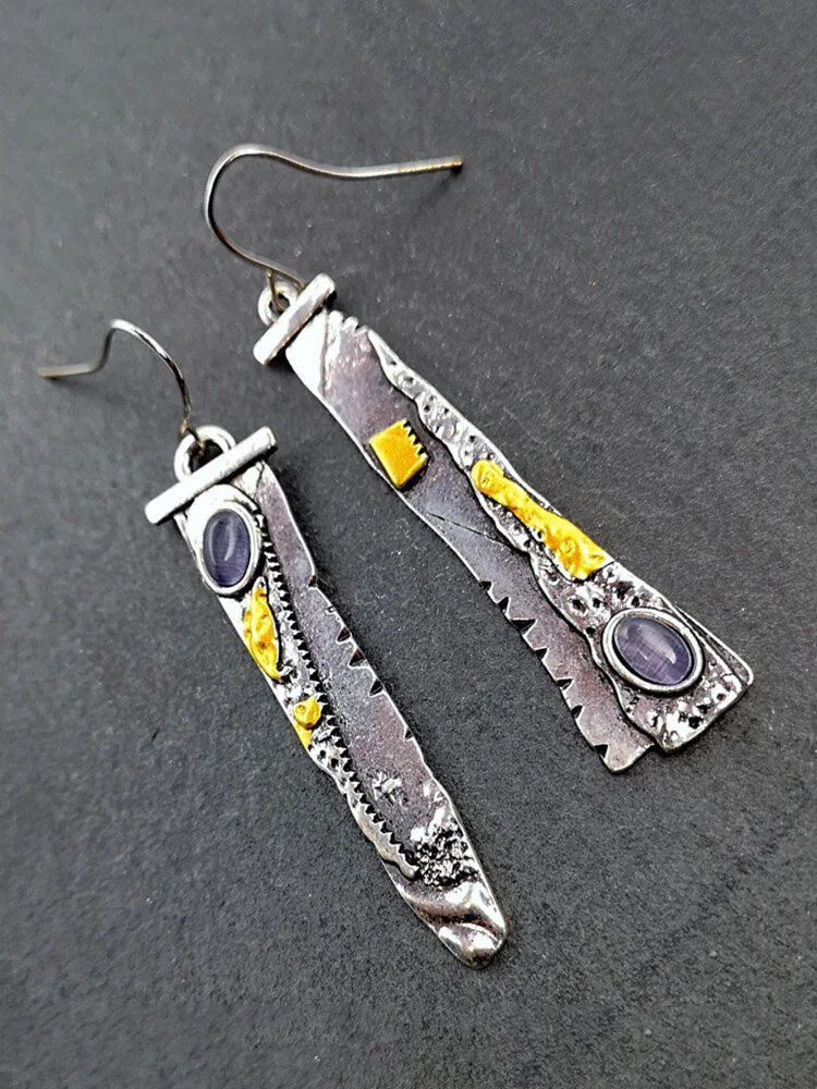 Vintage Sickle Serrated Earrings 925 Silver Plated Amethyst Inlaid Pendant Earrings