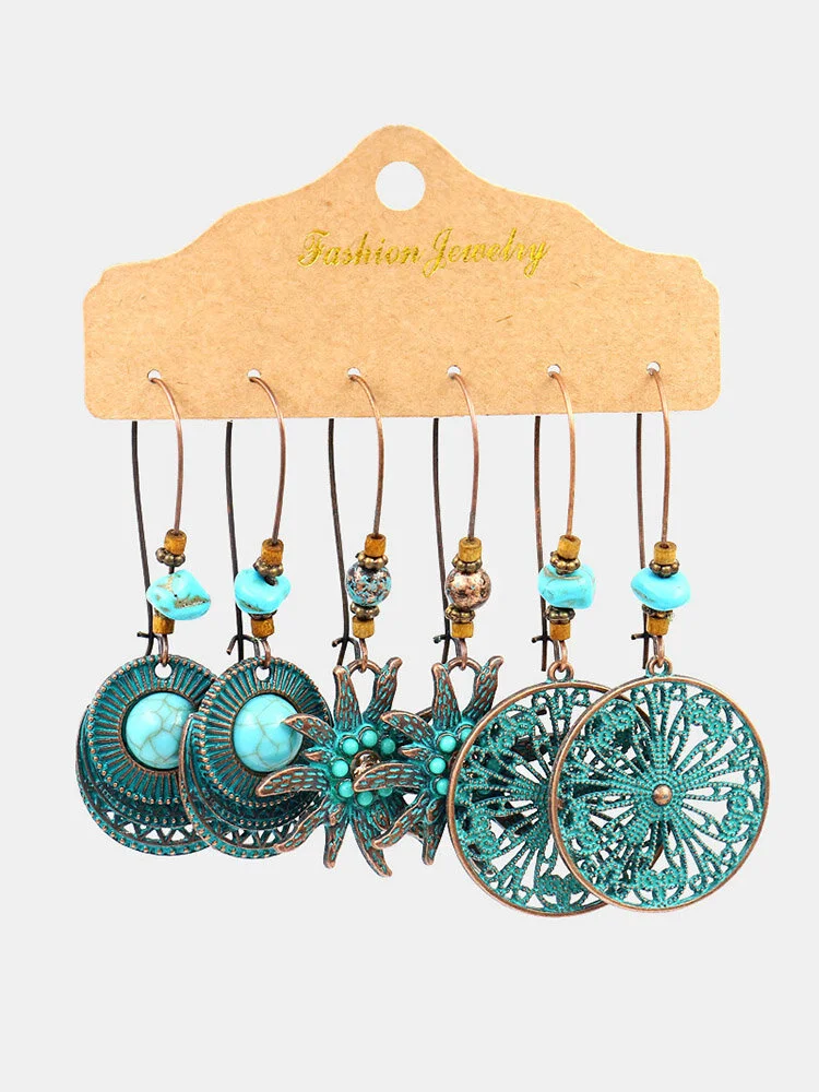 3 Pcs Bohemian Dreamcatcher Tassel Earrings Set Geometric Hollow Turquoise Pendant Long Earrings