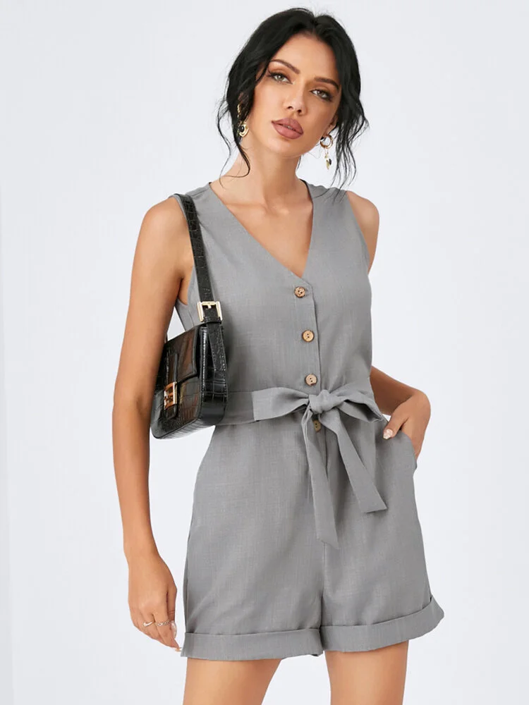 Solid Pocket Button Belt Sleeveless Casual Jumpsuit Women