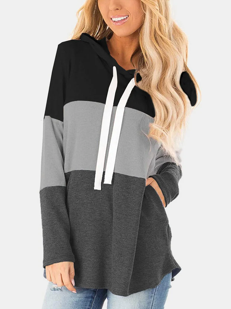 Color Block Patchwork Drawstring Long Sleeve Hoodie With Pocket