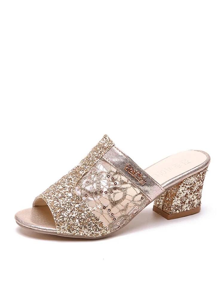 Women Sequins Embellished Mesh Fabric Chunky Heel Slingback Comfy Slip On Muller Heels